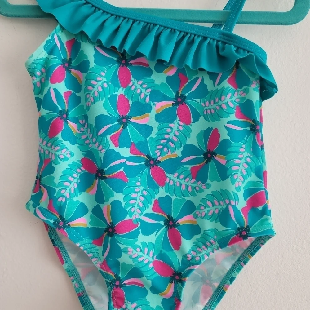 Au Pareil Au Même Blue Tropical Floral Asymmetrical One Piece Swimsuit